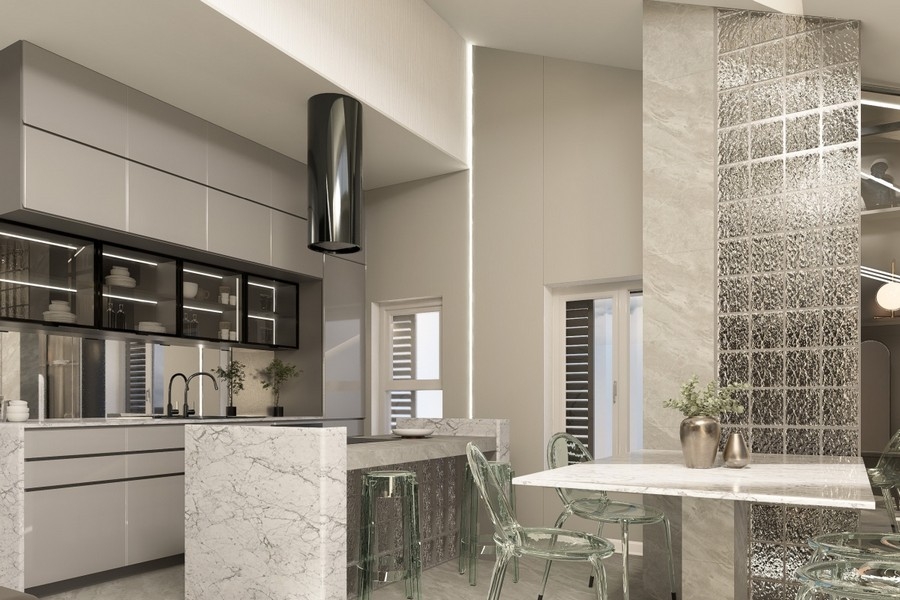 Kitchen with glass brick wall