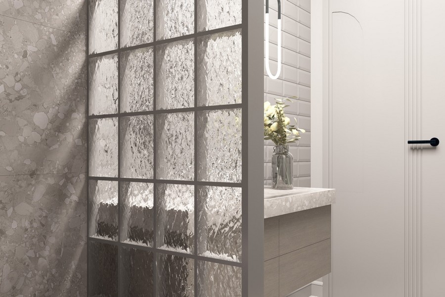 Bathroom with glass brick wall