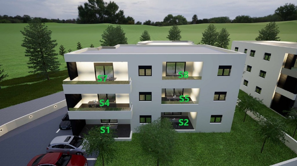 Visualization of the new building with parking spaces in front of the building