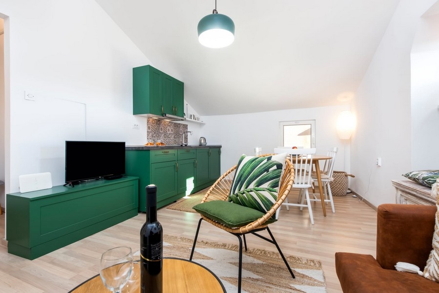 Living area with kitchen and seating area