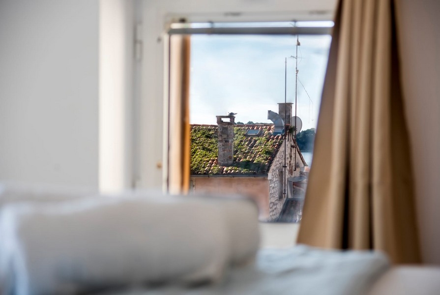 View from the bedroom over the old town of Rovinj in Croatia