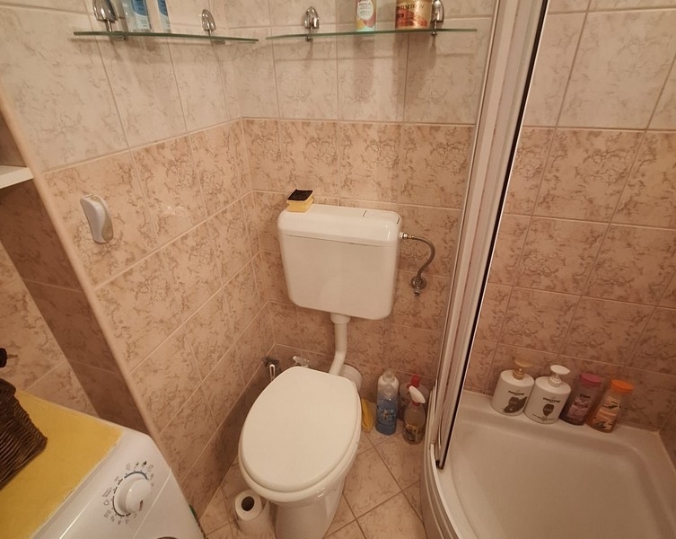 Bathroom with shower, toilet and washing machine