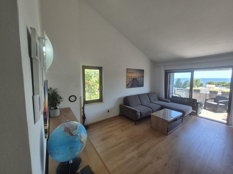 Living room with sloping ceiling and terrace access