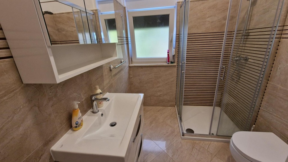 Bathroom with vanity and shower of the apartment in Njivice