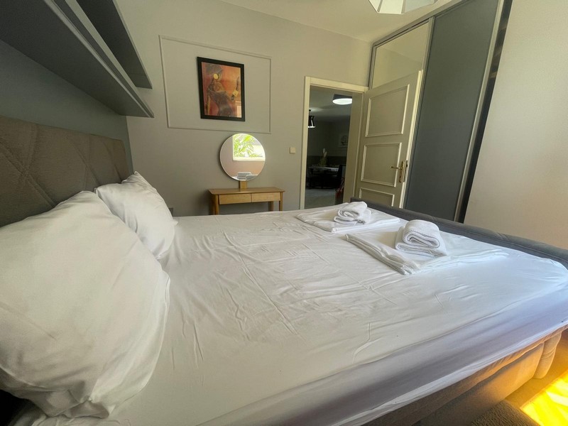 Bedroom with double bed and view of the hallway