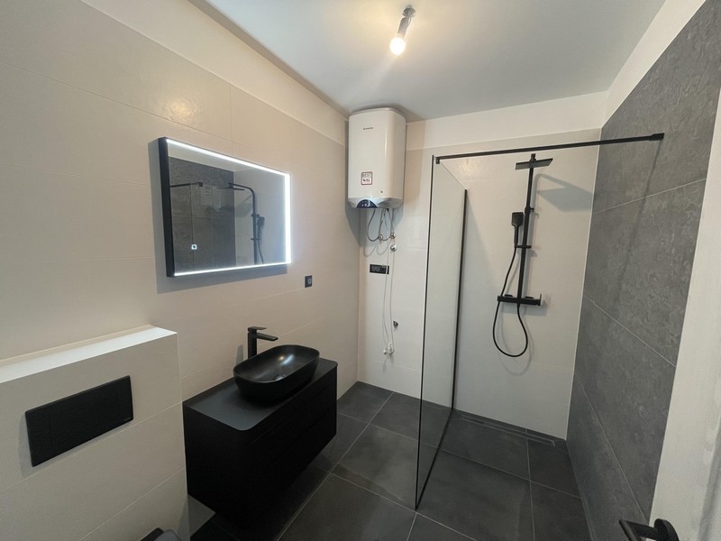 Bathroom with shower and vanity