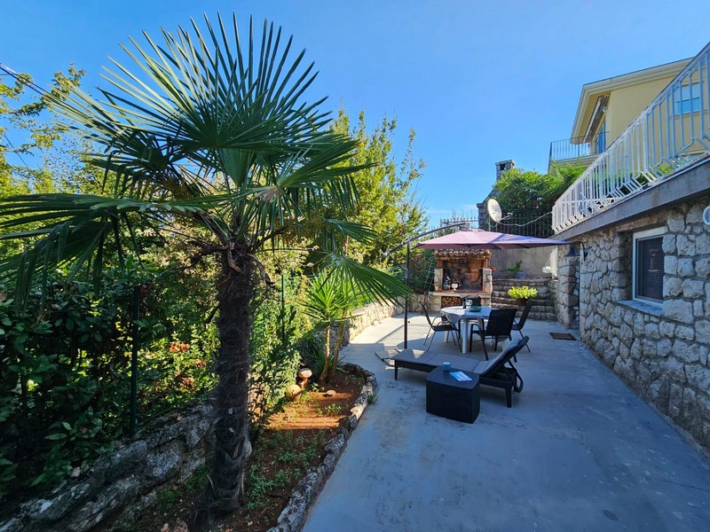 Terrace with palm tree and sun loungers of the apartment in Njivice