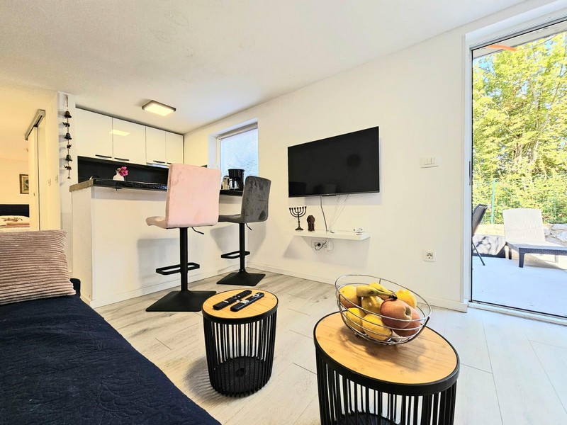 Furnished living area with TV and bar stools in Njivice