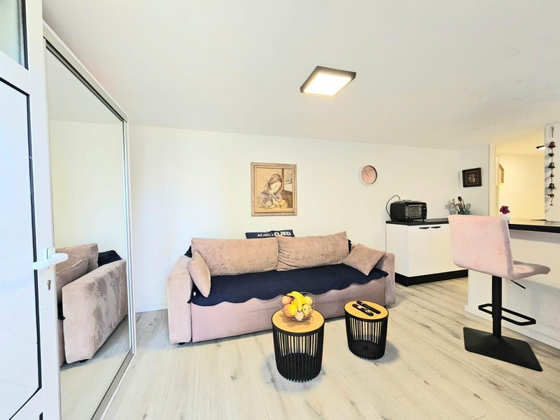 Living room with sofa and kitchen counter in the ground floor apartment on Krk