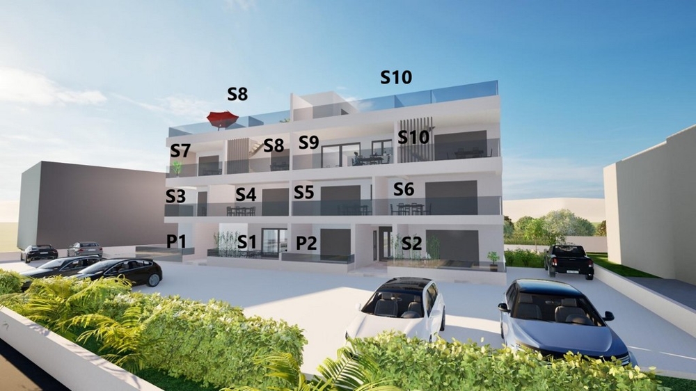 View of the building with the location of apartment S9 on the second floor