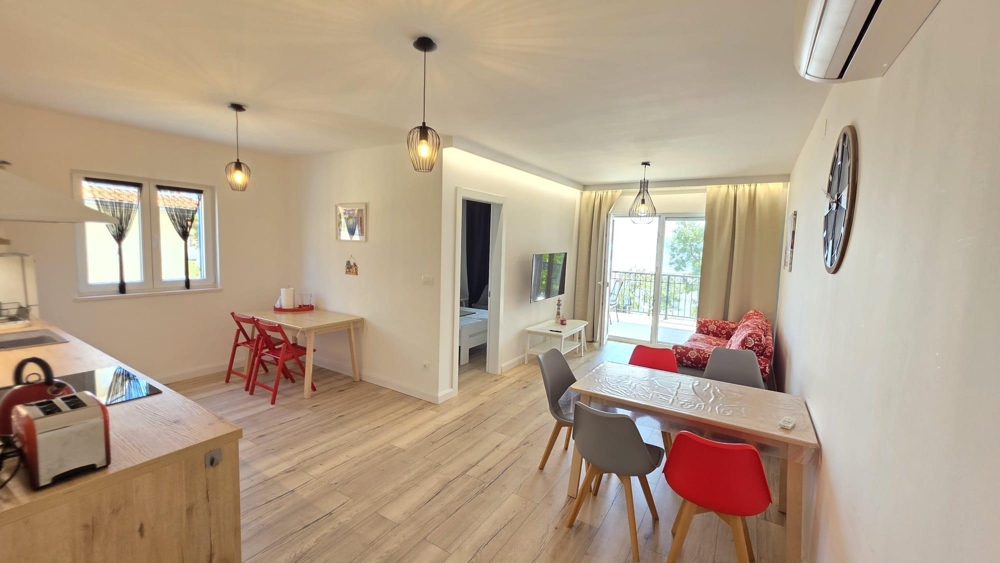 Open living area with kitchen and dining area
