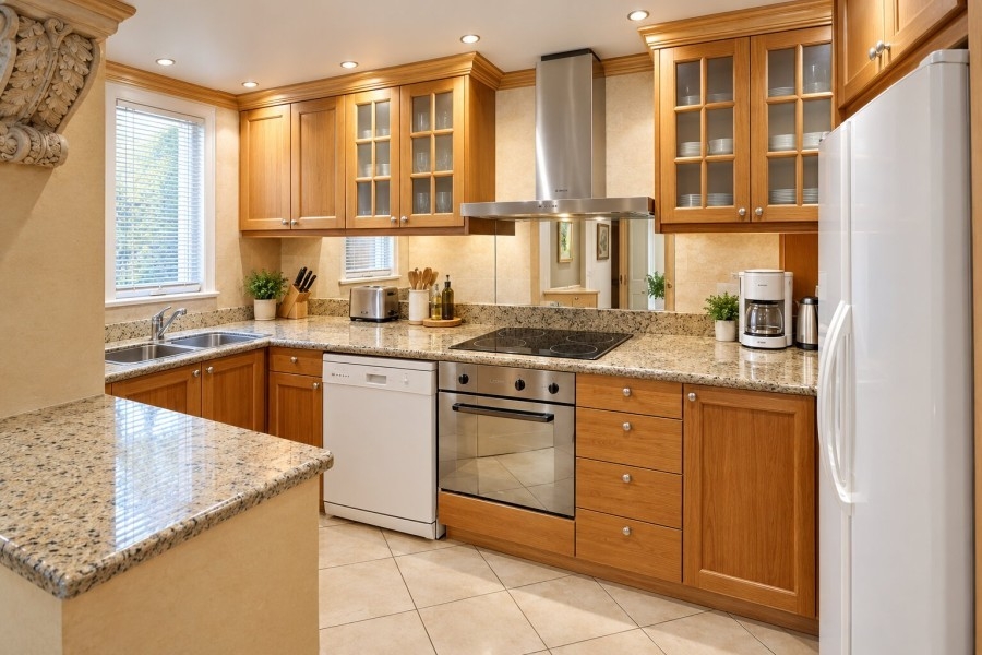 Kitchen with granite countertops and cherry wood cabinets