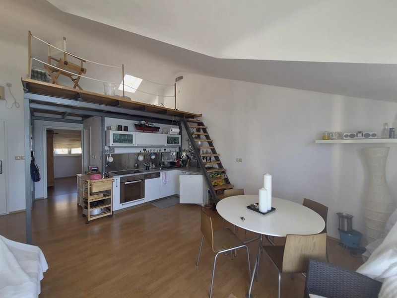 Open living room with kitchen and gallery under the roof