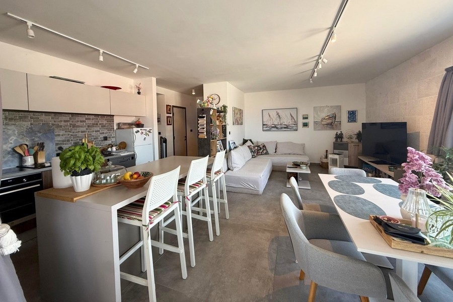Open living area with kitchen and kitchen island