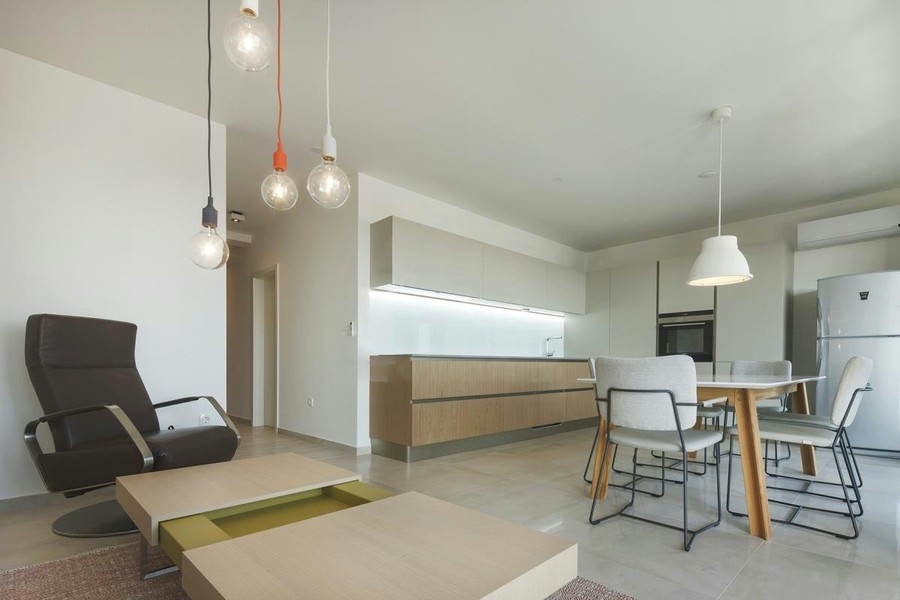 Living area with armchairs, dining table and kitchen
