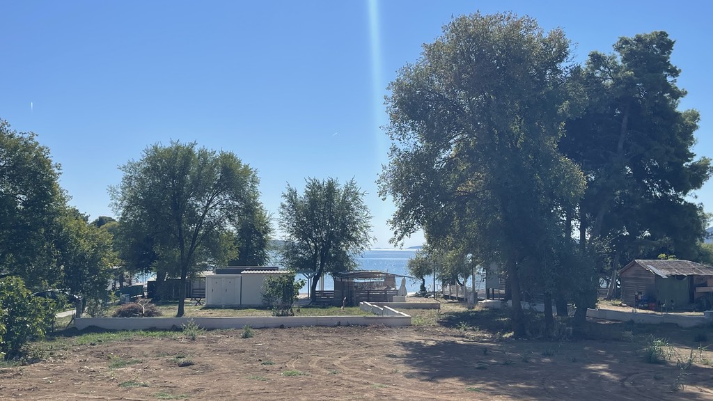 View from the garden between the trees to the sea