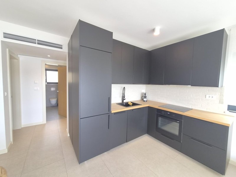 Kitchen with gray fronts and built-in appliances