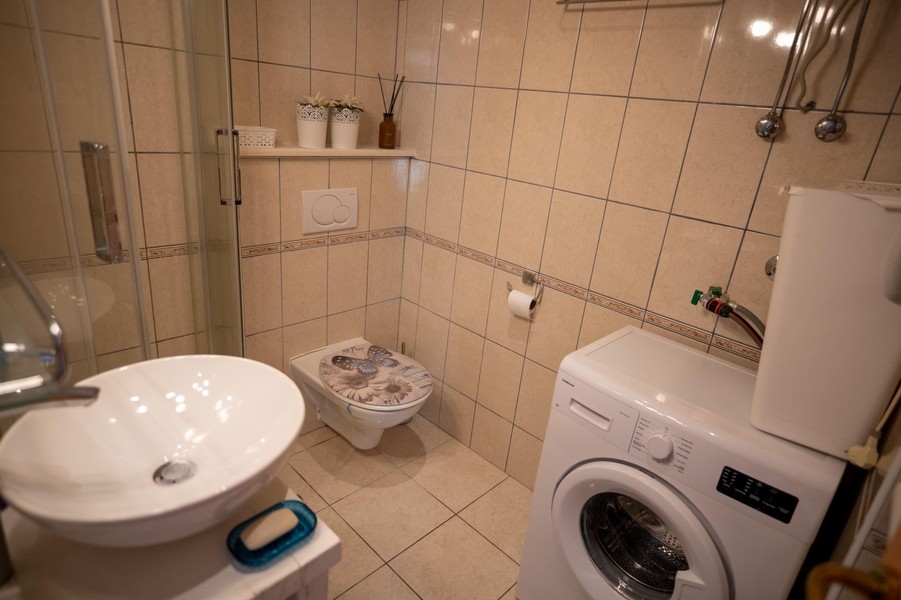 Bathroom with shower and washing machine