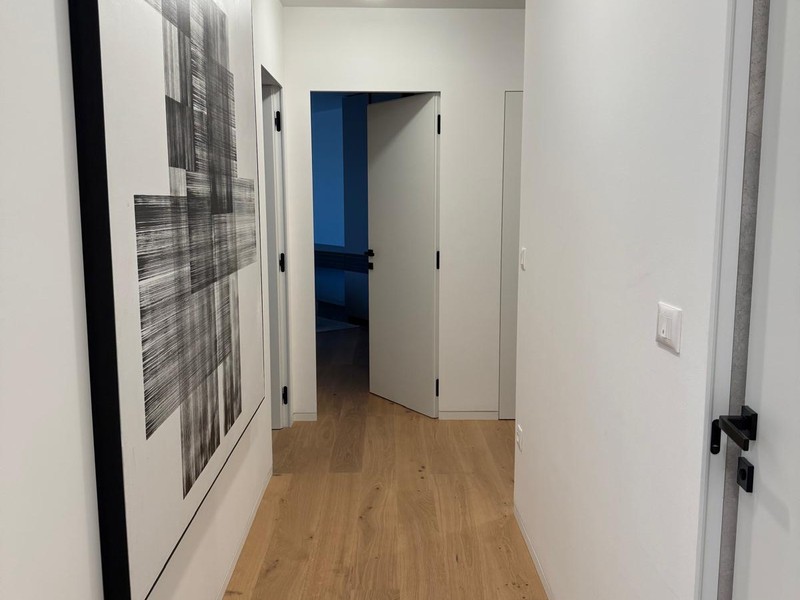 Hallway with wall picture and wooden floor