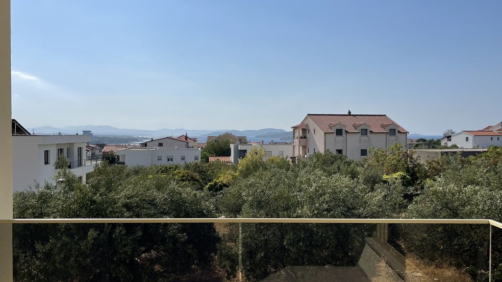 View over olive trees to the sea