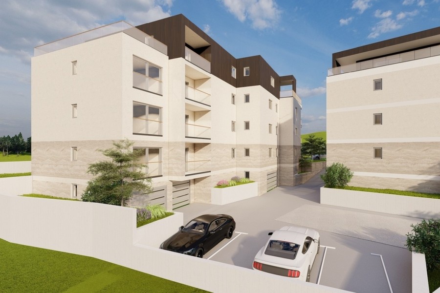 Visualisation: building wing with courtyard and parking spaces