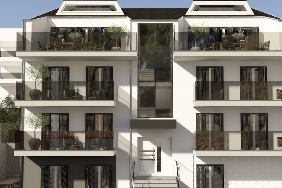 Building entrance and balconies