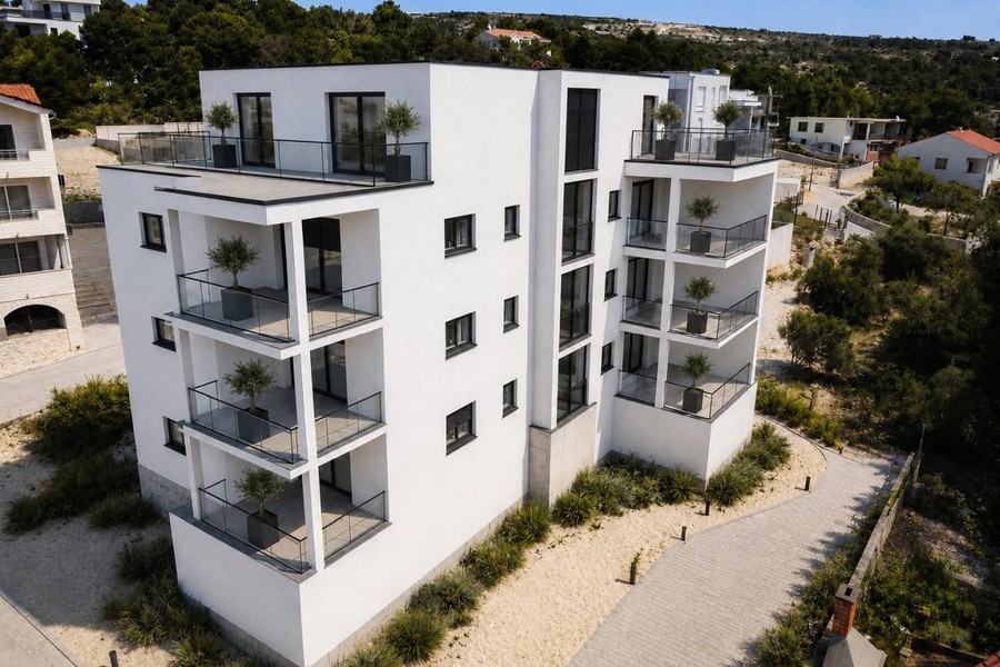 Visualisation of the finished residential building with balconies