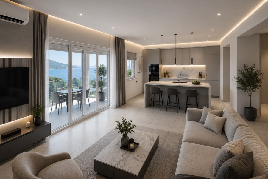 Visualisation of the living room with open-plan kitchen