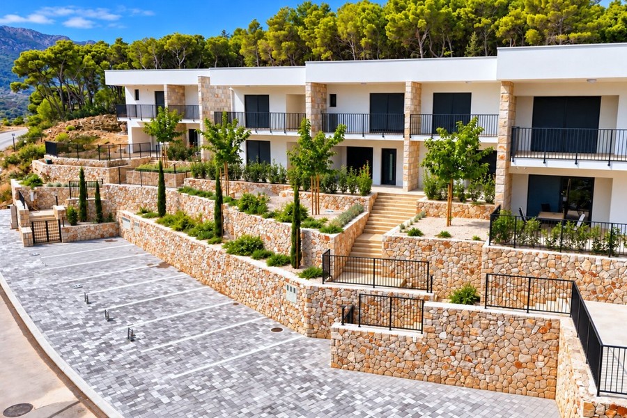 Terraced gardens and parking spaces in front of the new build