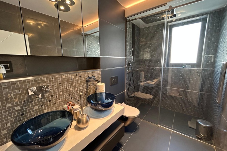 Bathroom with two glass basins and shower