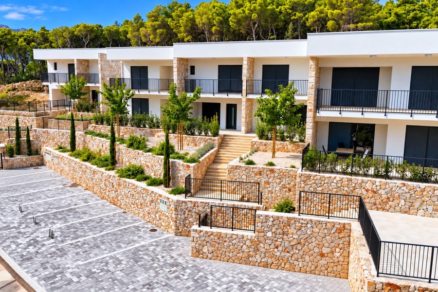 Residential complex with terraces and natural stone walls