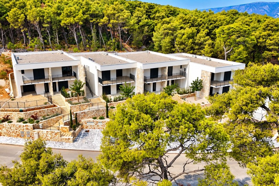 Residential complex among pine trees on the slope