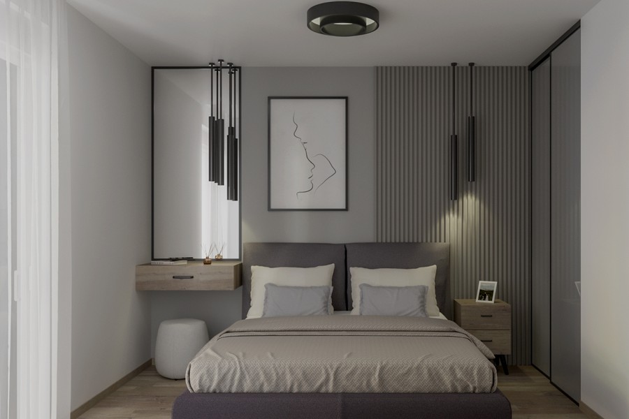 Double bed in the bright bedroom