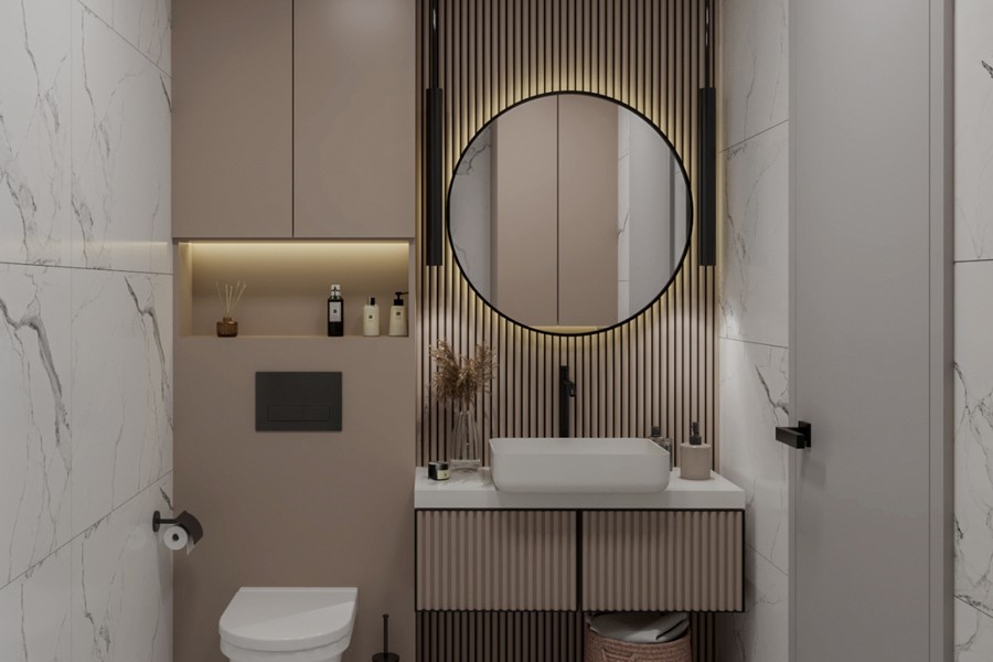 Washbasin with round mirror in the bathroom