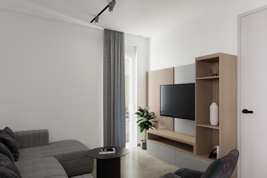 Living room with TV wall and wooden shelving
