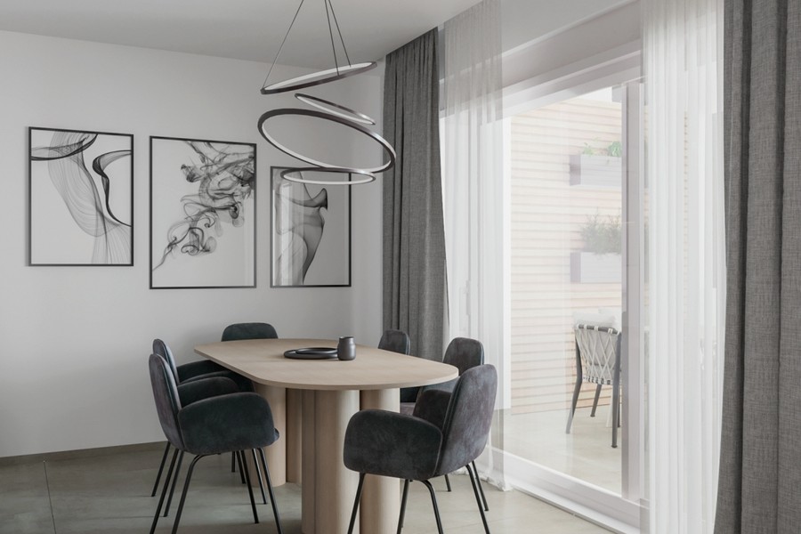 Dining area in front of the patio door