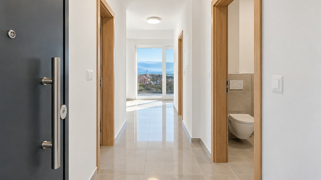 Hallway with view into the bathroom