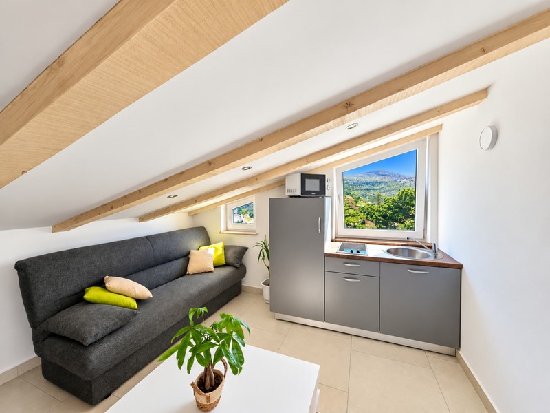 Sofa and kitchenette in the studio