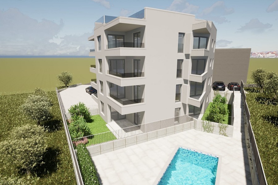 Facade with large balconies and garden