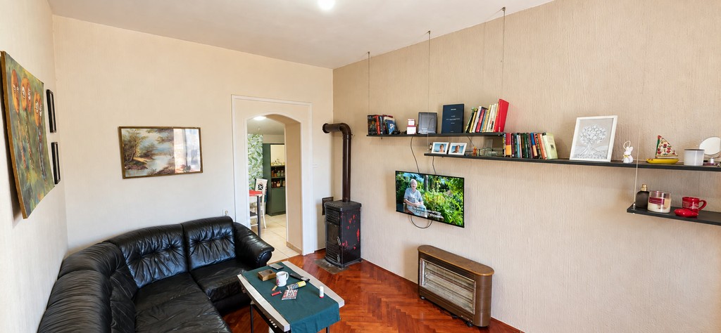 Living room with wood-burning stove and shelves