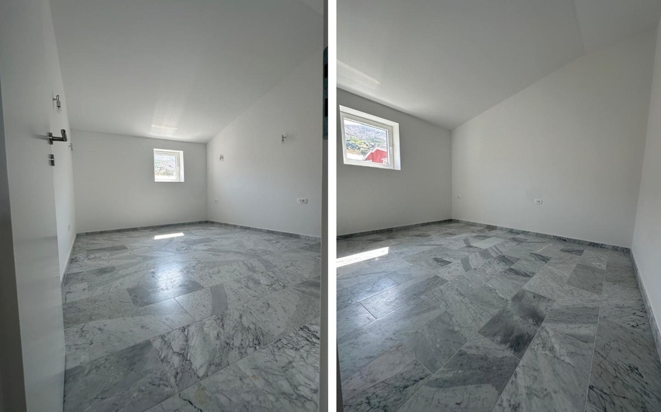 Bedroom with light marble floor