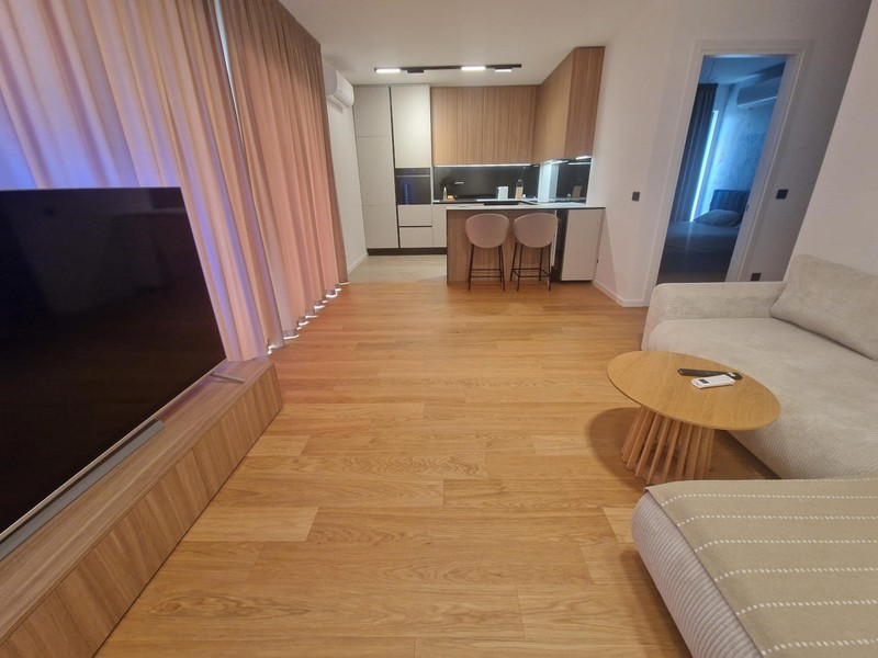 Furnished living room with wooden floor and sofa