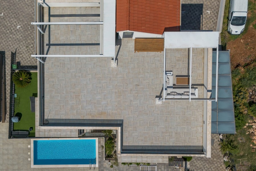 Aerial view with roof terrace, lawn and pool