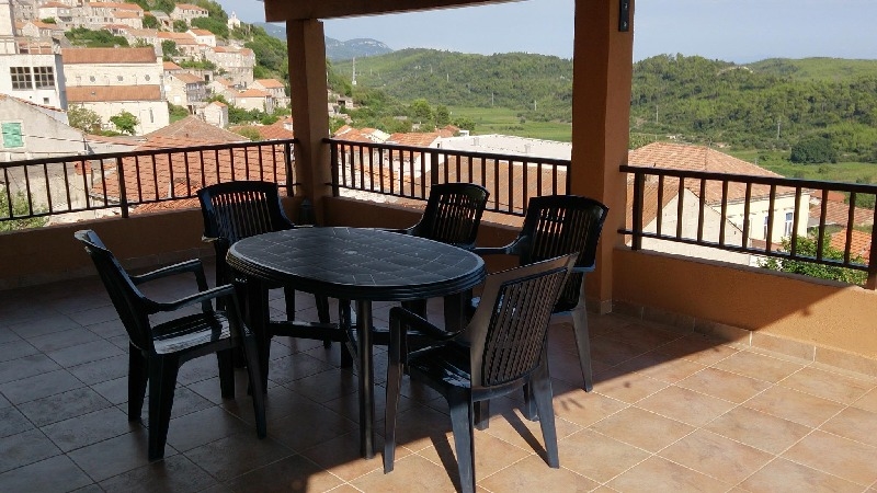 View from the covered balcony of the small town on the island of Korcula.