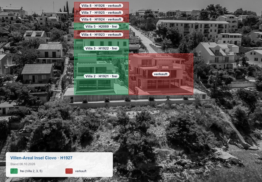 Aerial view of the villa complex with available and sold villas on Ciovo