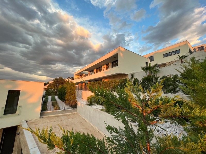 Villa in the evening light with cypresses and palm trees on the slope