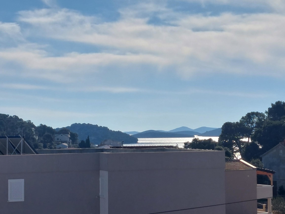 View over the roofs to the bay in backlight