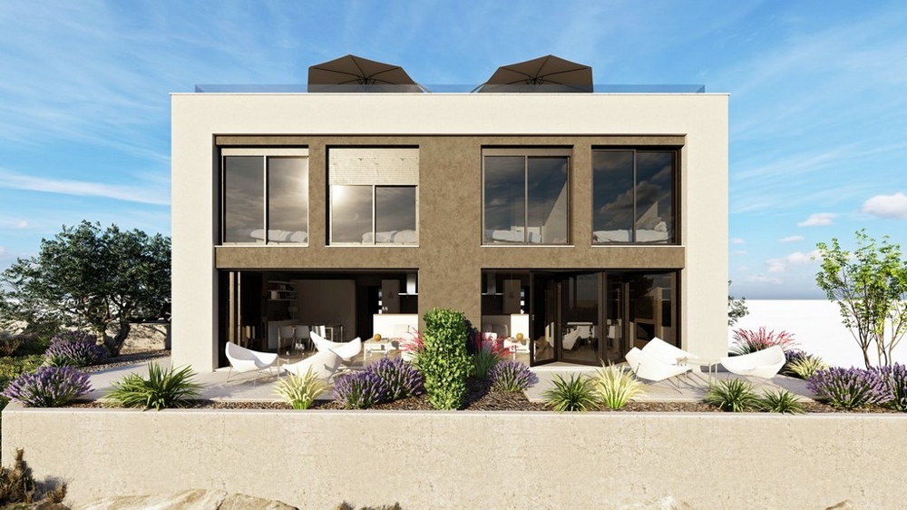 Visualisation of the semi-detached houses with parasols and lounge
