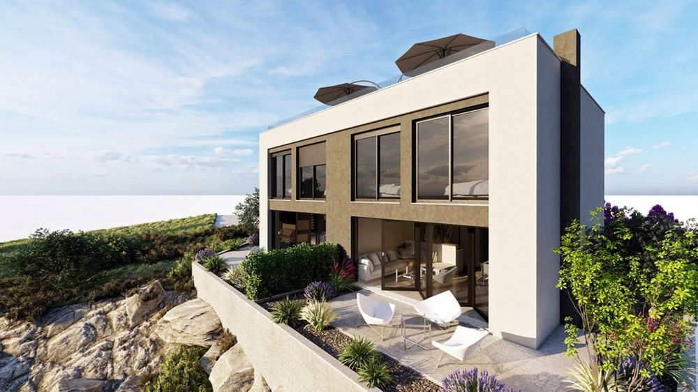 Visualisation of the house with roof terrace above the rocks