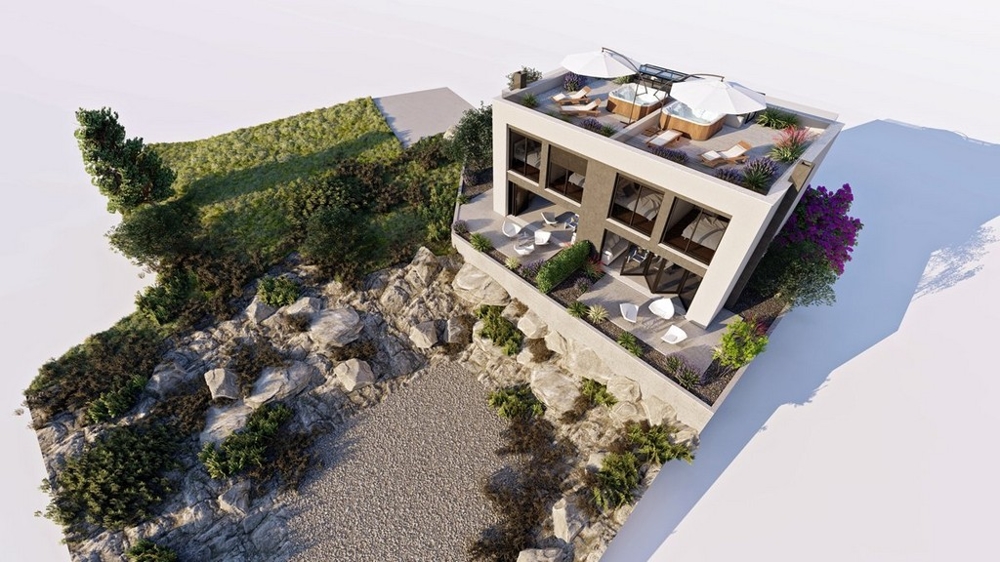 Visualisation from above with roof terrace and parasols